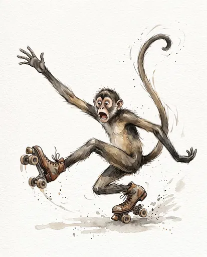 Watercolor Monkey Slipping on Roller Skates