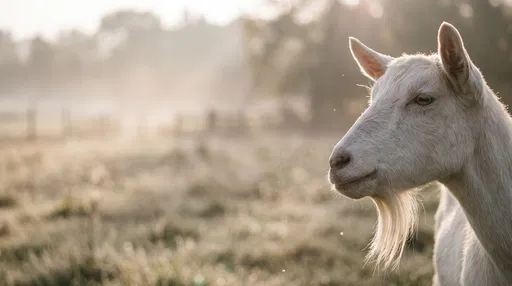 White Goat Profile in Misty Pasture