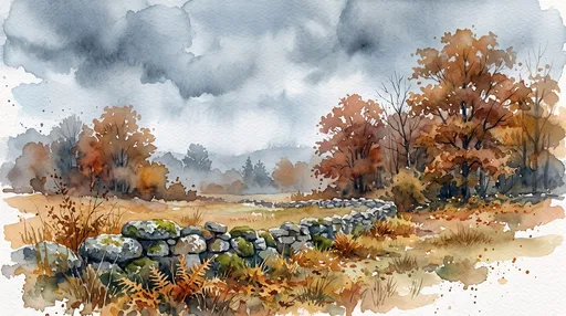 Watercolor Autumn Meadow With Stone Wall