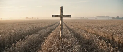 Weathered Wooden Cross in Golden Wheat Field