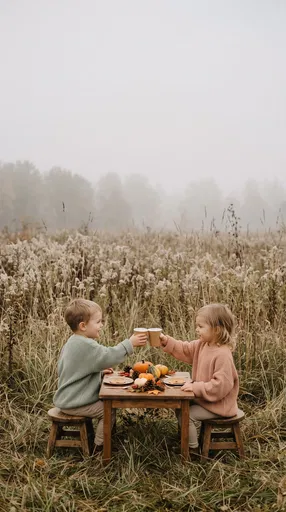 Children Clinking Cups at Autumn Meadow Table