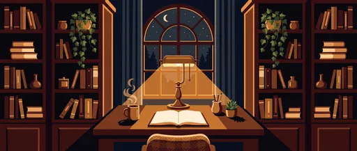 Cozy Nocturnal Study Desk Flat Illustration