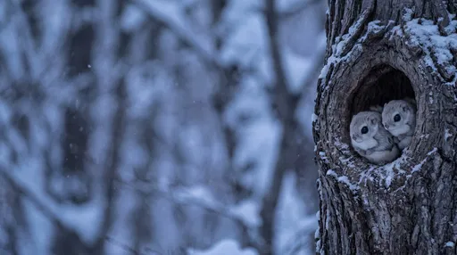 Two Dwarf Flying Squirrels in Snowy Tree
