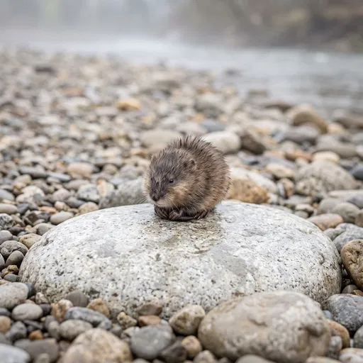 Juvenile Muskrat Resting on River Stone