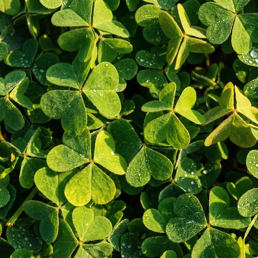 Sunlit Green Shamrock Leaves With Dew