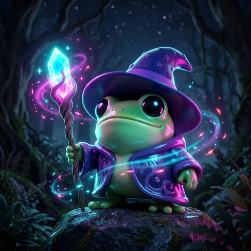 3D Cartoon Wizard Frog With Glowing Staff