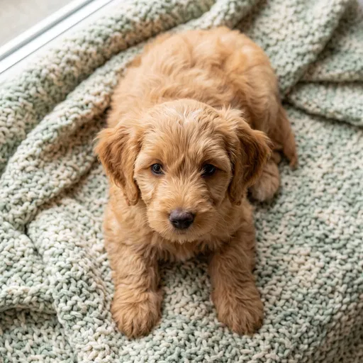 Apricot Labradoodle Puppy on Knit Blanket