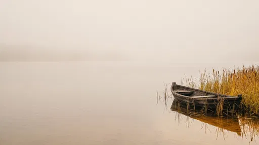 Wooden Rowboat on Misty Autumn Lake