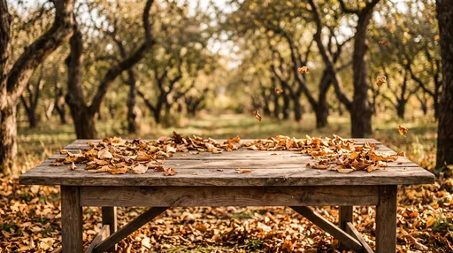 Rustic Wooden Table in Autumn Orchard