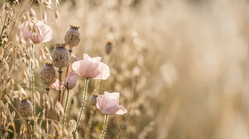 Blush Poppies and Seed Pods in Meadow
