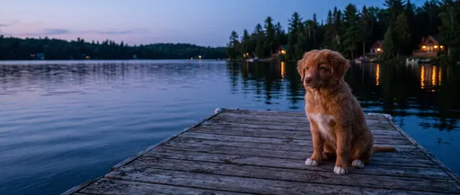 Ginger Puppy on Wooden Dock at Dusk