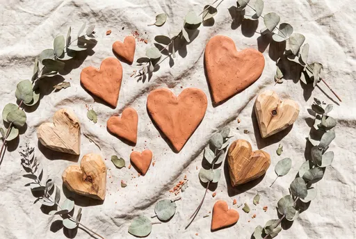 Rustic Clay and Wood Hearts Flat Lay