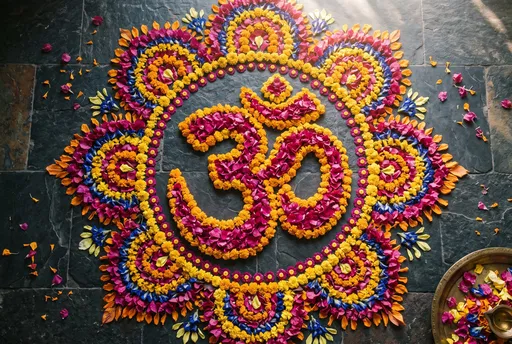 Floral Rangoli Om Symbol on Stone