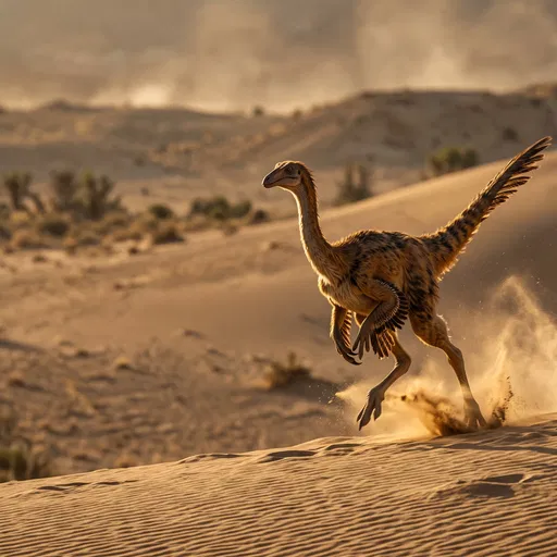 Feathered Gallimimus Running Across Desert Sand Dunes