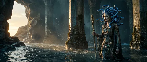 Mythological Gorgon Priestess in Flooded Cavern