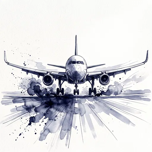 Indigo Watercolor Illustration of Airplane Landing