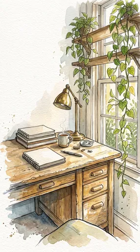 Watercolor Home Office Desk With Plants