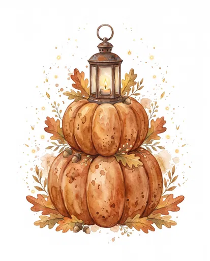 Watercolor Stacked Pumpkins and Candle Lantern