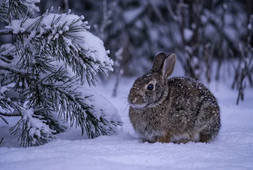 Wild Cottontail Bunny in Winter Snow