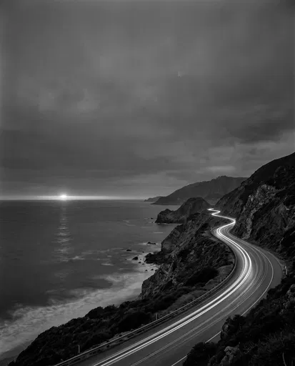 Monochrome Coastal Highway with Light Trails