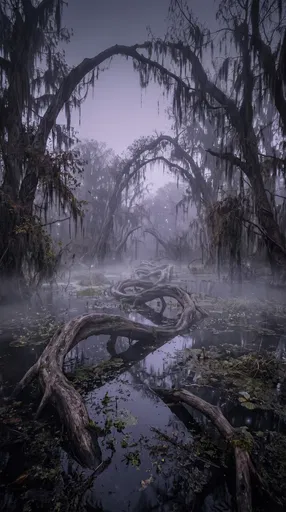 Misty Enchanted Swamp with Winding Roots