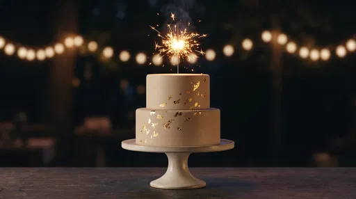 Two-Tier Beige Cake With Lit Sparkler