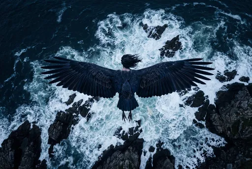 Aerial View of Mythical Harpy Over Sea