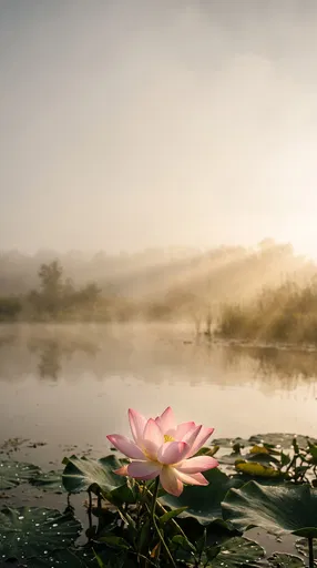 Pink Lotus Blooming on Misty Lake