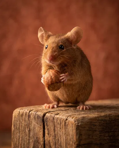 Cinnamon Mouse Holding Hazelnut on Wood