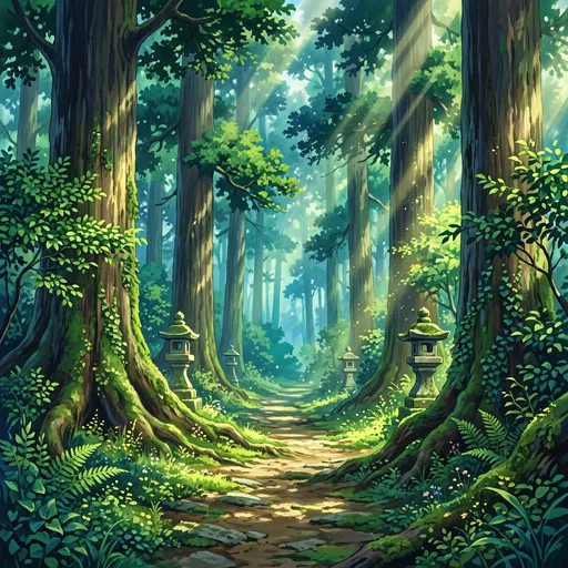 Sunlit Anime Forest Path with Lanterns