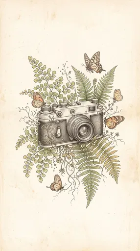 Vintage Camera Botanical Ink Illustration
