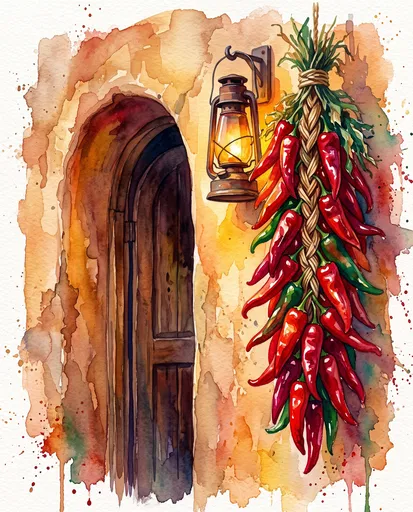 Watercolor Chili Ristra Beside Adobe Doorway