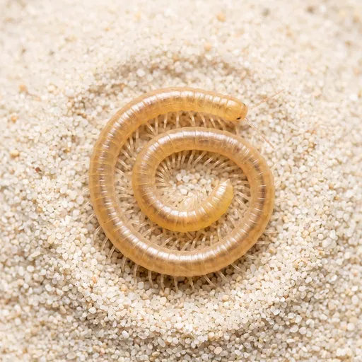 Coiled Pale Myriapod on Cream Sand
