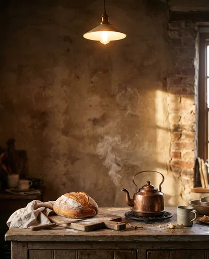Rustic Kitchen Counter With Bread And Kettle