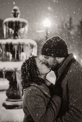 Couple Kissing by Frozen Winter Fountain