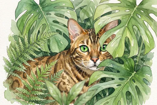 Watercolor Bengal Cat in Tropical Foliage