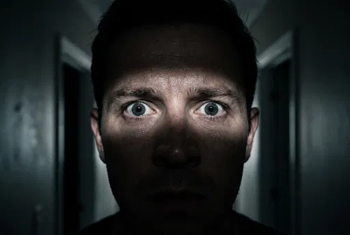 Man With Wide Eyes in Dark Hallway