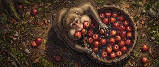 Greedy Macaque Stuffing Apples From Barrel