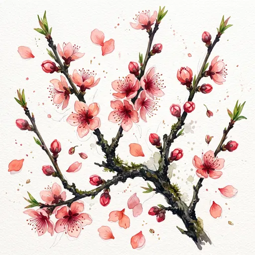 Watercolor Peach Blossom Branch Illustration