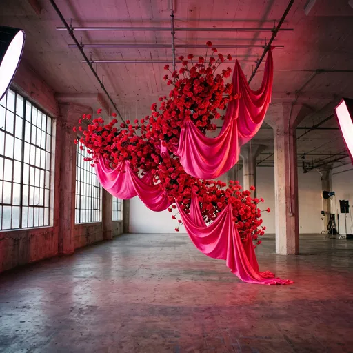 Suspended Floral and Pink Silk Studio Installation