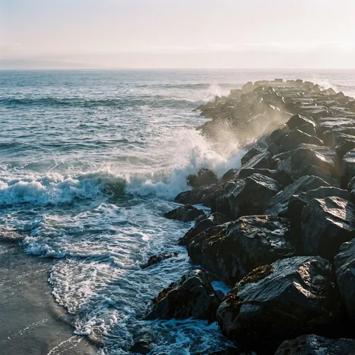 Ocean Waves Breaking Against Rock Jetty