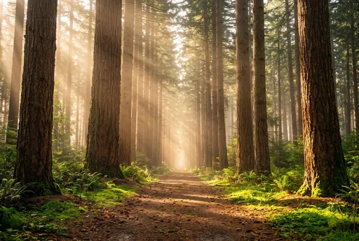 Sunlit Path Through Towering Pine Forest