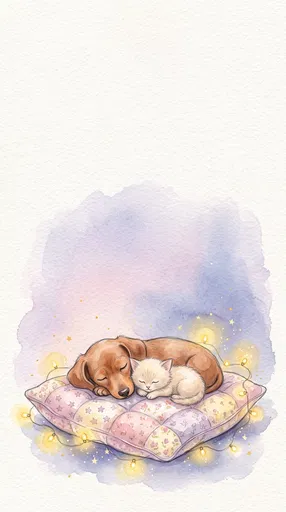Watercolor Puppy and Kitten Sleeping on Pillow