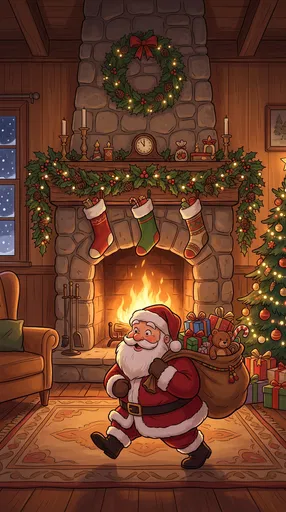 Cartoon Santa Tiptoeing by Christmas Fireplace
