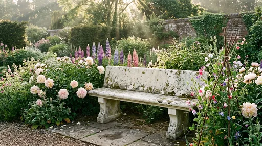 Stone Bench in Sunlit English Garden