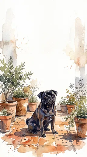 Watercolor Black Pug in Terracotta Courtyard