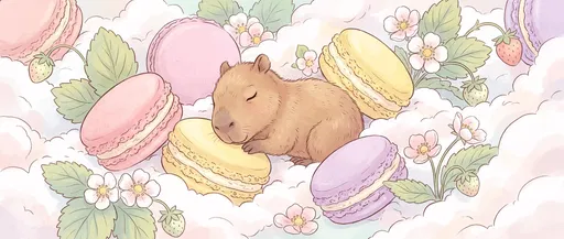 Sleeping Baby Capybara Among Pastel Macarons