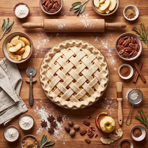 Overhead Thanksgiving Apple Pie Baking Scene