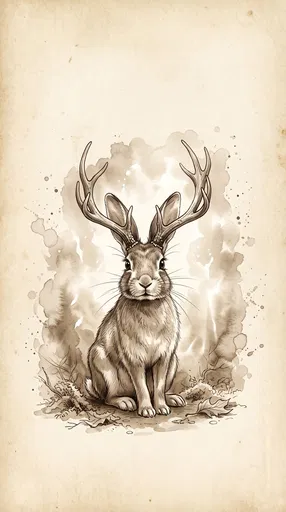 Sepia Watercolor Illustration of Antlered Rabbit