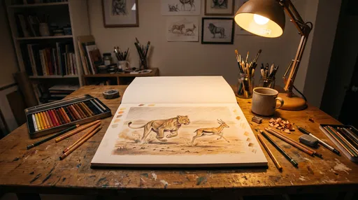 Artist Desk With Lioness Sketchbook Drawing